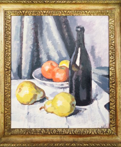 Omenat, päärynät ja musta pullo päällystetyllä pöydällä, n. 1928 tekijältä Samuel John Peploe