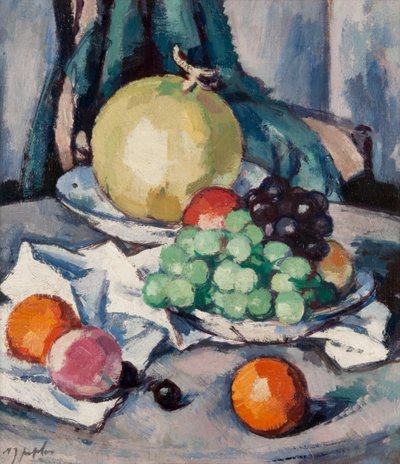Sekahedelmä - meloni, viinirypäleet ja omenat, n. 1926 (öljy kankaalle) tekijältä Samuel John Peploe