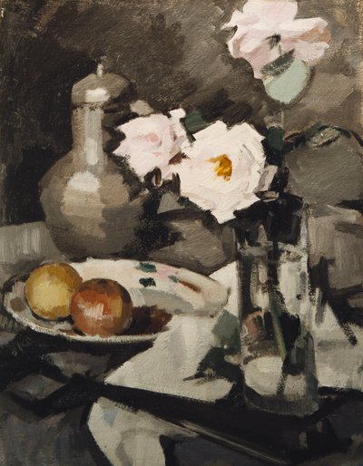 Vaaleanpunaisia ruusuja lasimaljakossa, n. 1924 tekijältä Samuel John Peploe