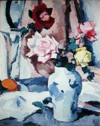 Ruusuja sinivalkoisessa maljakossa (öljy kankaalle) tekijältä Samuel John Peploe