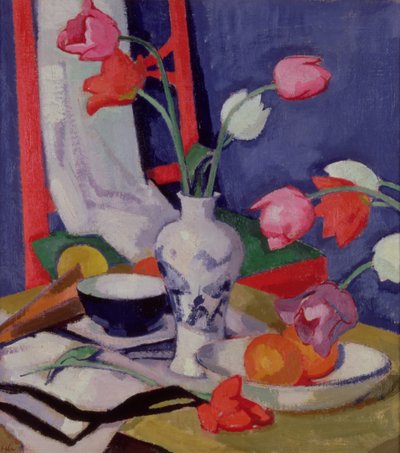 Tulppaanit ja hedelmät, n. 1919 (öljy kankaalle) tekijältä Samuel John Peploe