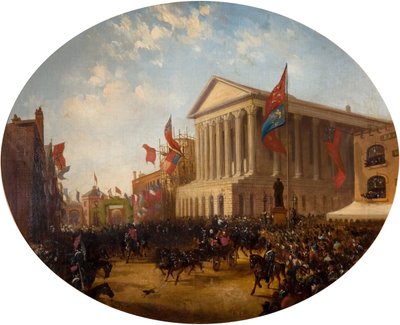 Cambridgen herttua lähtee kaupungintalosta, Birmingham, 1857. tekijältä Samuel Lines