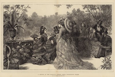 Luonnos Hänen Majesteettinsa puutarhajuhlissa Buckinghamin palatsissa tekijältä Samuel Luke Fildes