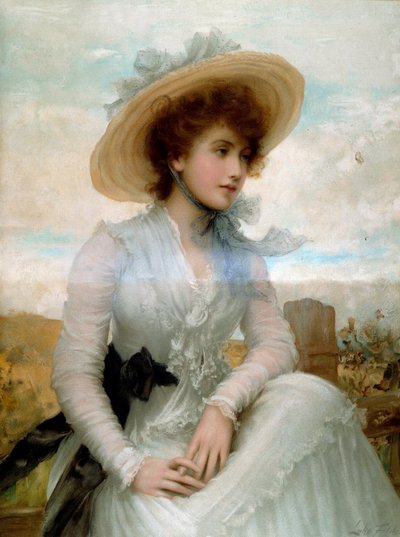 Nuoren naisen muotokuva olkihatulla Printti Samuel Luke Fildes (1843-1927) 1800-luvun Pariisi, Koristetaiteet tekijältä Samuel Luke Fildes