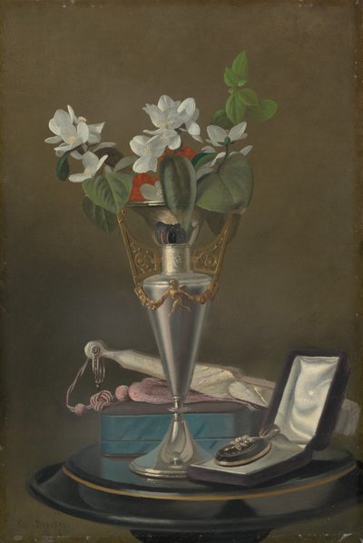 Asetelma tuulettimen ja riipuksen kanssa, c. 18651875. tekijältä Samuel Marsdon Brookes