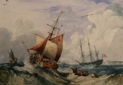 Ranskalainen kalastussmakki Doverin turvotuksessa (akvarelli) tekijältä Samuel Owen