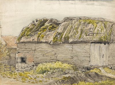 A Barn with a Mossy Roof, Shoreham (akvarelli, ruskea pesu, muste, guassi ja lyijykynä paperille). tekijältä Samuel Palmer