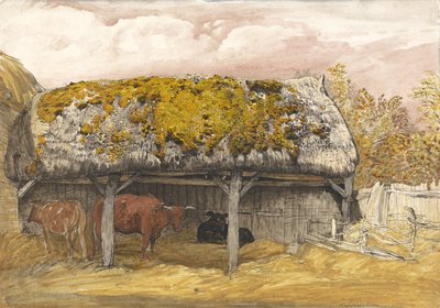 Lehmänmökki sammaloituneella katolla, noin 1829 (tussi ja tussi, vesiväri ja guassi paperille). tekijältä Samuel Palmer