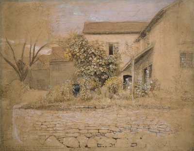 A House and Garden at Tintern, 1835 (tussi, tussi, wc ja bodycolour grafiitin ja mustan liidun päällä vaaleanpunaiselle paperille). tekijältä Samuel Palmer