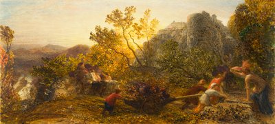 Harvest in the Vineyard, 1859 (wc, guassi ja arabikumi paperilla) tekijältä Samuel Palmer