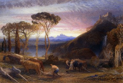 Kuvitus Miltonin Lycidakseen, n. 1864 (vartalovärillä korotettu vesiväri) tekijältä Samuel Palmer