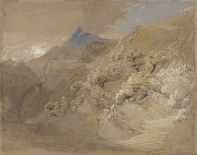Mount Siabod Tyn-y-Coedista Capel Curigin lähellä (tussi, tussi, tussi, vesi- ja vesiväri paperille). tekijältä Samuel Palmer