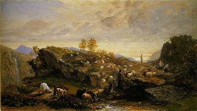 Rustics lampaiden ja vuohien kanssa kivisessä maisemassa (akvarelli arabikumilla korostettuna kynällä paperille) tekijältä Samuel Palmer