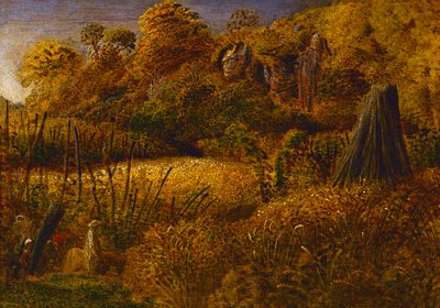 Kohtaus Underriverissä, Kentissä tai Hop Gardenissa (paneelissa öljy ja tempera) tekijältä Samuel Palmer