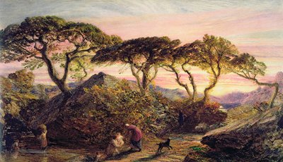 Auringonlasku (akvarelli ja guassi paperille) tekijältä Samuel Palmer