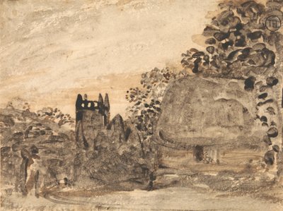 Olkikattoinen mökki ja kirkko tekijältä Samuel Palmer