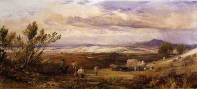 Maissipelto, pilvinen aamu (akvarelli) tekijältä Samuel Palmer