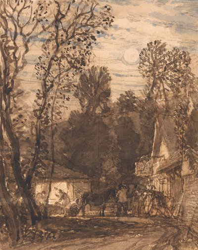 The Wayside Smithy (lyijykynä ja tussihuuhtelu paperille) tekijältä Samuel Palmer