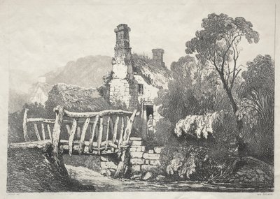 Sarja muinaisia rakennuksia ja maaseutumökkejä Pohjois-Englannissa: Near Byland, 1821. tekijältä Samuel Prout