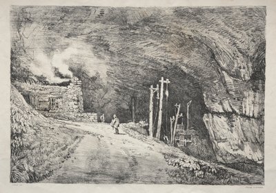 Sarja muinaisia rakennuksia ja maaseutumökkejä Pohjois-Englannissa: Peak Cavern, 1821. tekijältä Samuel Prout