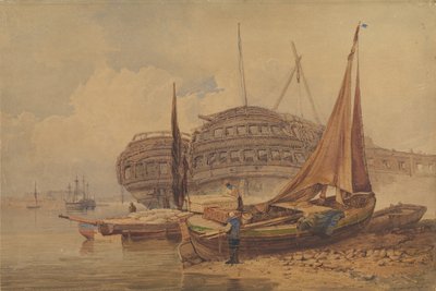 Rannikkomaisema ja rantaveneet etualalla, 1800-luvun alkupuoli. tekijältä Samuel Prout