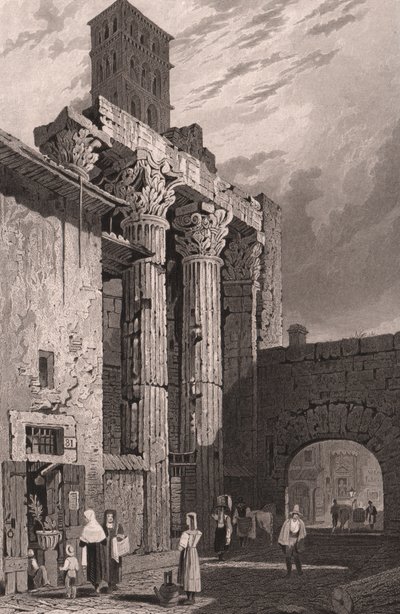 Mars Ultorin temppelin pylväät, Rooma, Lazio, Italia, Samuel Proutin (1783-1852) teräskaiverrus, n. 15x115 cm tekijältä Samuel Prout