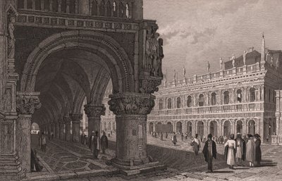 Dogen palatsin (Palazzo Ducale) pelihallin lyhennys näköalalla Pyhän Markuksen aukiolle ja kirjastopalatsille, Venetsia, Veneto, Italia, teräskaiverrus Samuel Proutin (1783-1852) piirustuksen mukaan, noin 15x11,5 cm tekijältä Samuel Prout