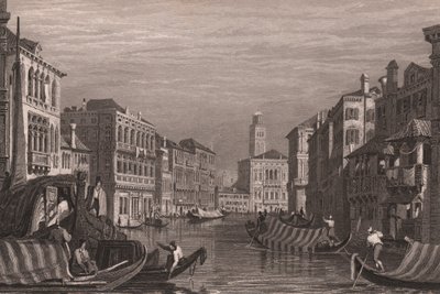 Gondolit Grand Canalilla (Canal Grande), Venetsia, Veneto, Italia, teräskaiverrus Samuel Proutin (1783-1852) piirtämänä, noin 15x11,5 cm tekijältä Samuel Prout