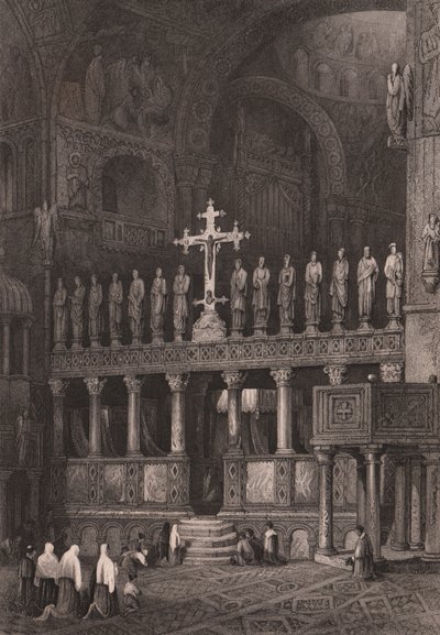 Iconóstase na Basílica de São Marcos (Basilica di San Marco), Veneza, Veneto, Itália, gravura em aço segundo desenho de Samuel Prout (1783-1852), circa 15x11,5 cmfinlandês tekijältä Samuel Prout