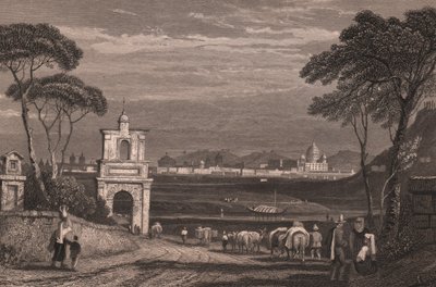 Rooma, Pietarinkirkon kupoli oikealla, Lazio, Italia, teräskaiverrus Samuel Proutin (1783-1852) piirroksesta, n. 15x115 cm tekijältä Samuel Prout