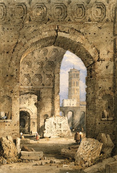 Rauhantemppeli, Forum Romanum (akvarelli ja guassi luonnonvalkoiselle paperille) tekijältä Samuel Prout