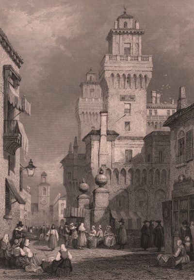 Näkymä Castello Estenseen, Ferrara, Emilia-Romagna, Italia, John Godfreyn (n. 1817-1889) teräskaiverrus Samuel Proutin (1783-1852) piirustuksen mukaan, n. 26x17 cm, julkaisija Blackie and Son. tekijältä Samuel Prout
