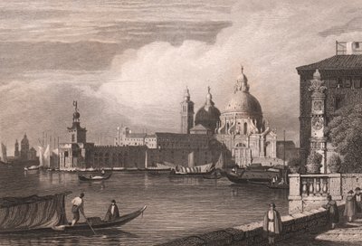 Näkymä Grand Canalille (Canal Grande), taustalla Punta della Dogana ja Basilica di Santa Maria della Salute, Venetsia, Veneto, Italia, teräskaiverrus Samuel Proutin (1783-1852) piirtämänä, noin 15x11,5 cm tekijältä Samuel Prout