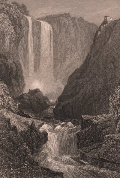 Näkymä Marmoren putouksille (Cascata delle Marmore) lähellä Terniä, Umbria, Italia, teräskaiverrus Samuel Proutin (1783-1852) piirtämänä, noin 15x11,5 cm tekijältä Samuel Prout