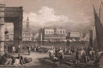 Näkymä Pyhän Markuksen altaalle Venetsiassa, Venetossa, Italiassa, teräskaiverrus Samuel Proutin (1783-1852) piirtämänä, noin 15x11,5 cm tekijältä Samuel Prout