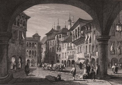 Näkymä torille Domodossolassa, Piemontessa, Italiassa, teräskaiverrus Samuel Proutin (1783-1852) piirroksesta, n. 16x11 cm tekijältä Samuel Prout
