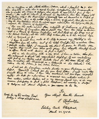 Samuel Richardsonin kirje, 22. maaliskuuta 1754. tekijältä Samuel Richardson