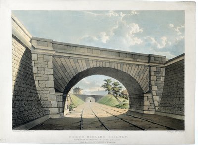 North Midlandin rautatie. Näkymä New Street Bridgestä jne Belperissä etelään katsoen, n. 1840 (käsinvärinen litografia paperille) tekijältä Samuel Russell