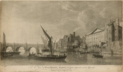 Näkymä Westminster Bridgestä vierekkäisine osineen kuten vuonna 1760 tekijältä Samuel Scott