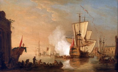 Brittiläinen sota-alus ampuu tykillä tervehdykseksi saapuessaan satamaan, jonka rakennukset muistuttavat satamaa Välimerellä. Samuel Scottin (1702-1772) öljy kankaalle, noin 1765. tekijältä Samuel Scott