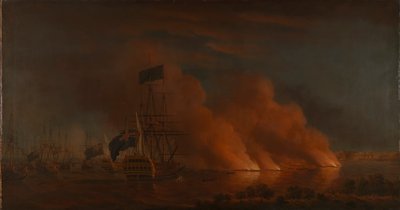 Ranskalaisten tulialusten hyökkäys brittilaivastoa vastaan Quebecin edustalla 28. kesäkuuta 1759. tekijältä Samuel Scott