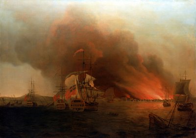 Paytan palaminen, marraskuu 1741, 1700-luvun puoliväli (öljy kankaalle) tekijältä Samuel Scott