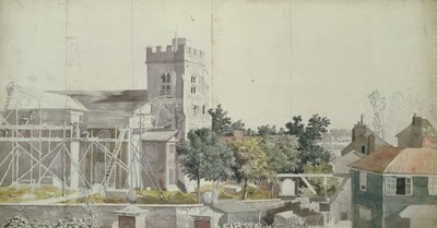 Twickenhamin kirkko rakennustelineiden alla, 1700-luku (wc, kynä ja muste paperille) tekijältä Samuel Scott