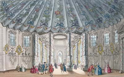 Sisäkuva Vauxhall Gardensin tyylikkäästä musiikkihuoneesta, kaiverrus H. Roberts, 1752 (käsinvärinen kaiverrus) tekijältä Samuel Wale