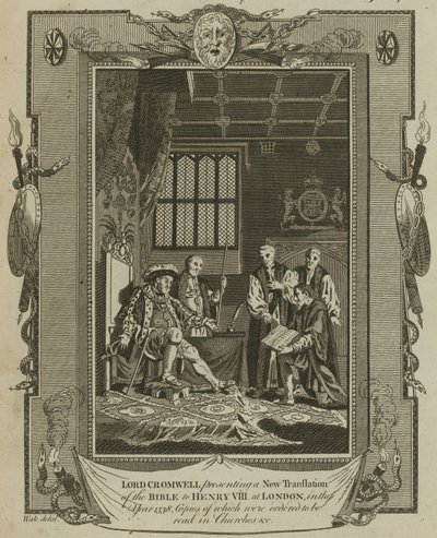 Lordi Cromwell esittelee uuden raamatunkäännöksen kuningas Henry VIII:lle Lontoossa vuonna 1538 tekijältä Samuel Wale