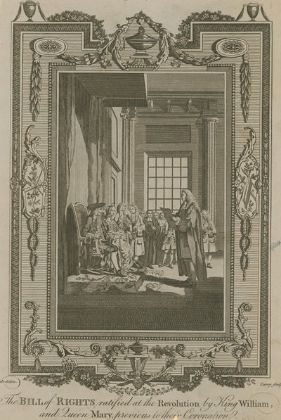 Bill of Rights, jonka kuningas William ja kuningatar Maria ratifioivat vallankumouksessa tekijältä Samuel Wale