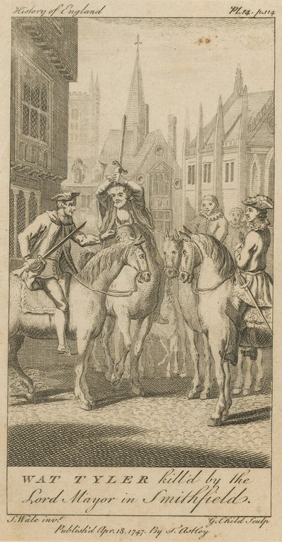 Wat Tyler, jonka lordipormestari tappoi Smithfieldissä (kaiverrus). tekijältä Samuel Wale