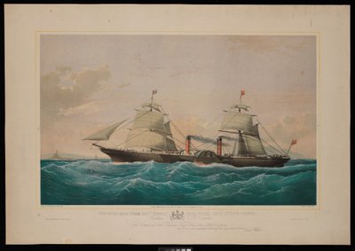 Kuninkaallisen postin höyrylaiva Persia... Kapteeni C H E Jodkins (Inward Bound, off the Skerries) Englannin ja Pohjois-Amerikan kuninkaalliselle postilaivayhtiölle (Royal Mail Steam Packet Company) on omistettu tämä vedos (litografia, värillinen). tekijältä Samuel Walters