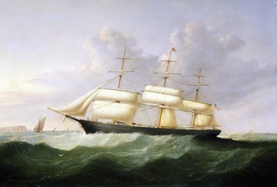 Palestine-alus, täydessä purjeessa, Amerikan yhdysvaltojen lipun alla, rakennettu vuonna 1854, tarkoitettu matkustajaliikenteeseen Atlantin ylittävällä linjalla. tekijältä Samuel Walters