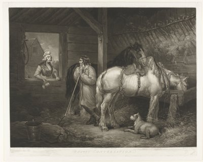 Gesprek in de stal Maalaismainen keskustelu (otsikko esineessä) tekijältä Samuel William Reynolds (I)